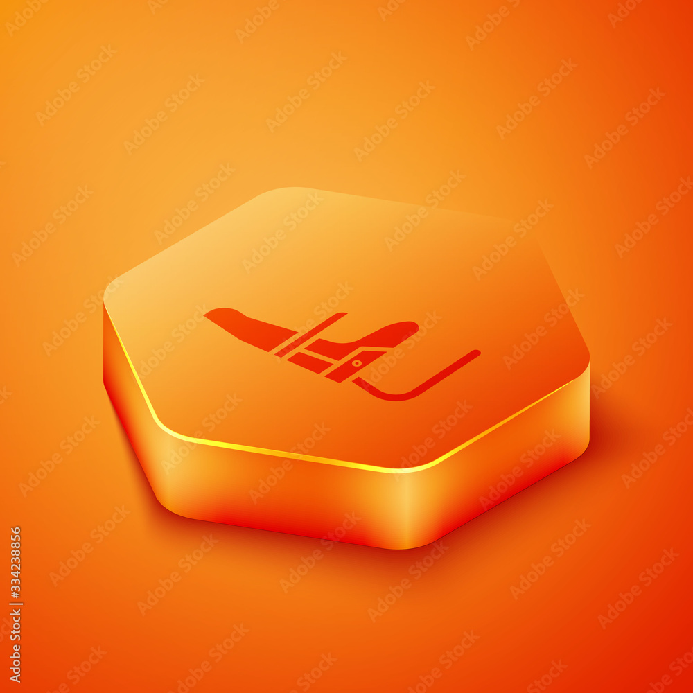 Isometric Airplane seat icon isolated on orange background. Orange hexagon button. Vector Illustrati