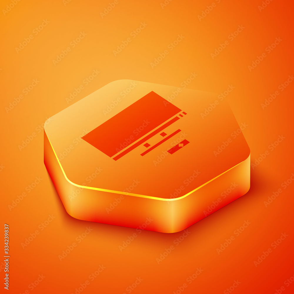 Isometric Smart Tv icon isolated on orange background. Television sign. Orange hexagon button. Vecto