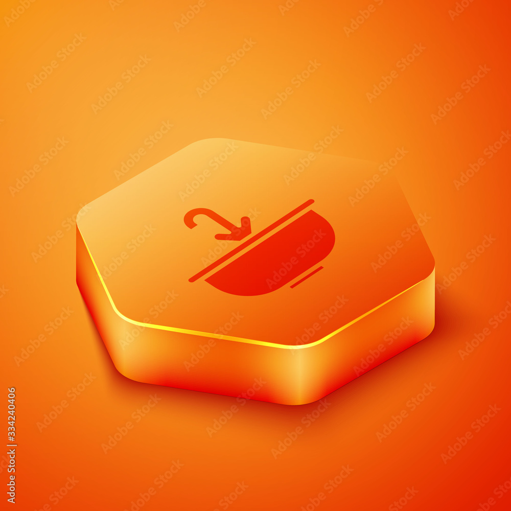 Isometric Washbasin with water tap icon isolated on orange background. Orange hexagon button. Vector