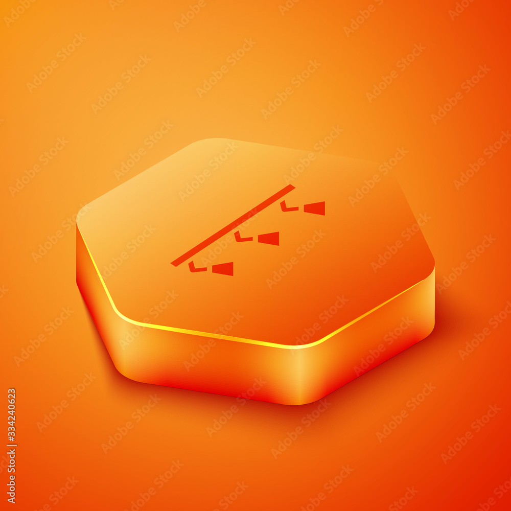 Isometric Led track lights and lamps with spotlights icon isolated on orange background. Orange hexa