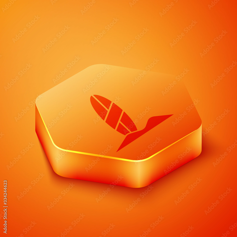Isometric Surfboard icon isolated on orange background. Surfing board. Extreme sport. Sport equipmen