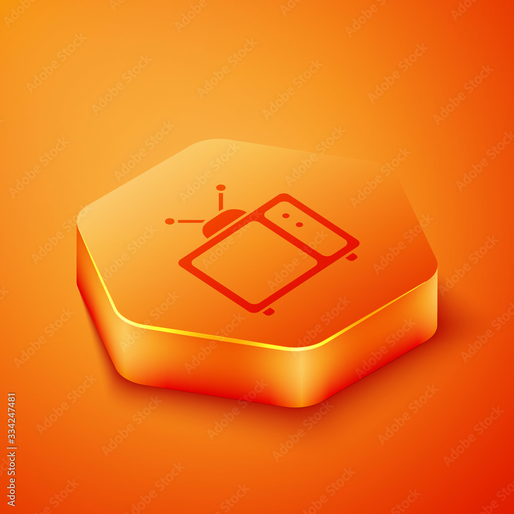 Isometric Retro tv icon isolated on orange background. Television sign. Orange hexagon button. Vecto