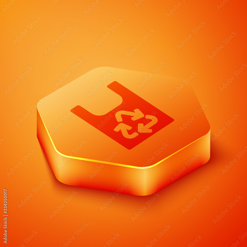 Isometric Plastic bag with recycle icon isolated on orange background. Bag with recycling symbol. Or