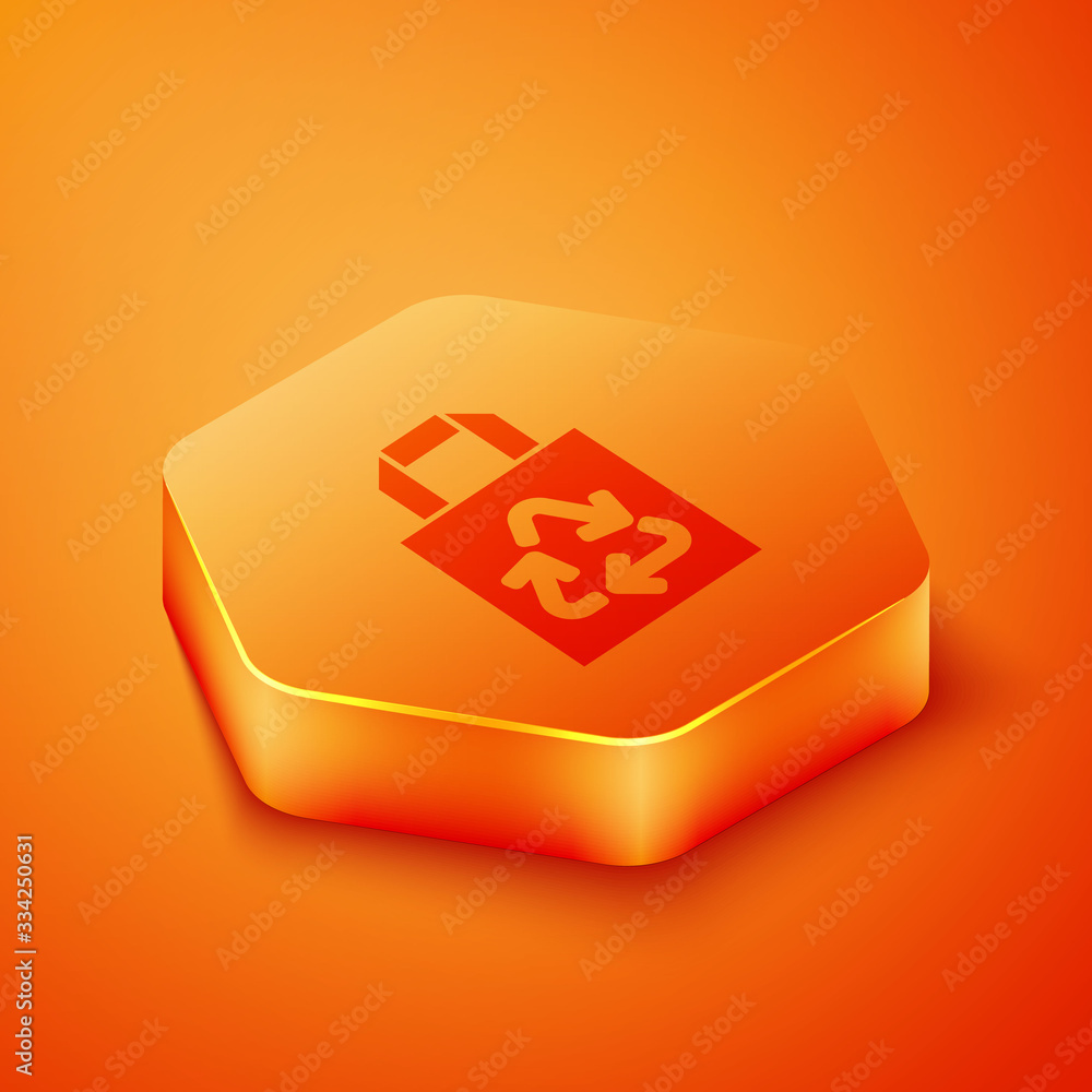 Isometric Paper shopping bag with recycle icon isolated on orange background. Bag with recycling sym