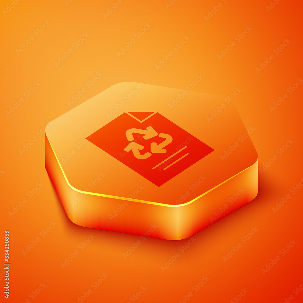 Isometric Paper with recycle icon isolated on orange background. Orange hexagon button. Vector Illus