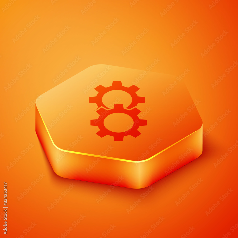 Isometric Gear icon isolated on orange background. Cogwheel gear settings sign. Cog symbol. Orange h