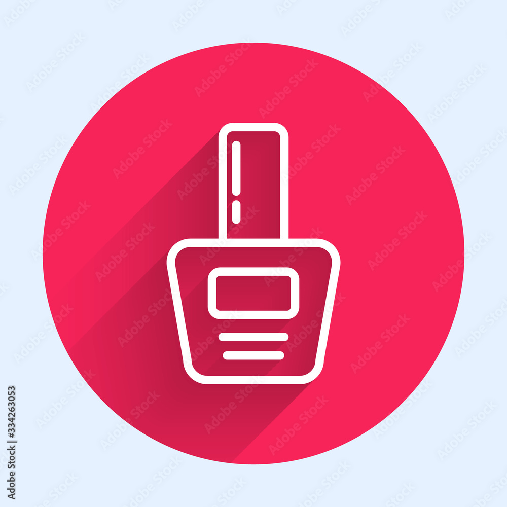 White line Nail polish bottle icon isolated with long shadow. Red circle button. Vector Illustration