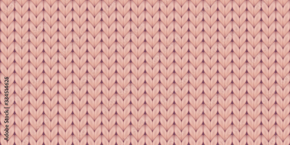Knitted realistic seamless background of pink color. Knitting vector pattern. Vector knit texture fo