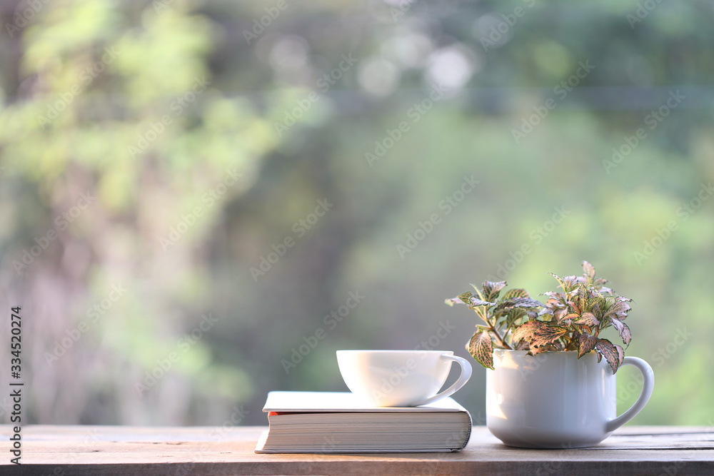 笔记本和带红色植物的白色咖啡杯外部木桌上的小杯壶中的神经植物