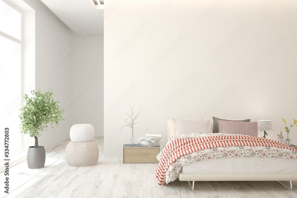 白色卧室内部。斯堪的纳维亚设计。3D插图
