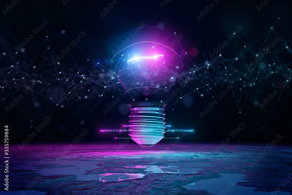 灯泡照明反射地板，蓝色和粉色霓虹灯3D渲染