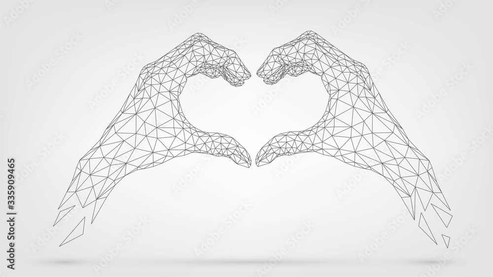 Two wireframe hands folded heart from fingers, gesture of friendship and love