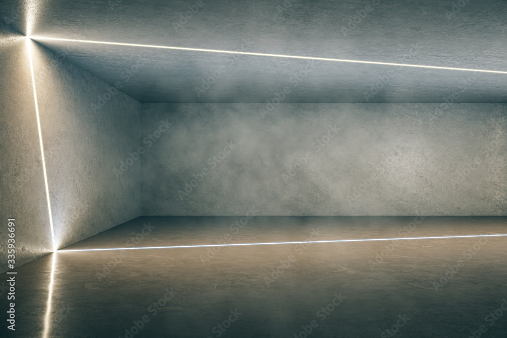 Modern concrete futuristic gallery interior with light lines