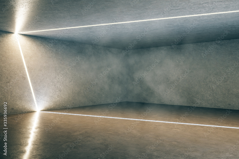 带有光线的当代混凝土未来主义画廊内部