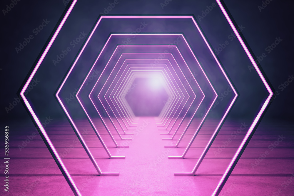 Pink interior with abstract luminous hexagon corridor.