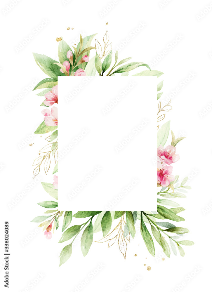 Watercolor vector frame of pink flowers and almond leaves.