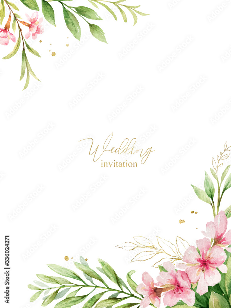 Watercolor vector card of pink flowers and almond leaves.