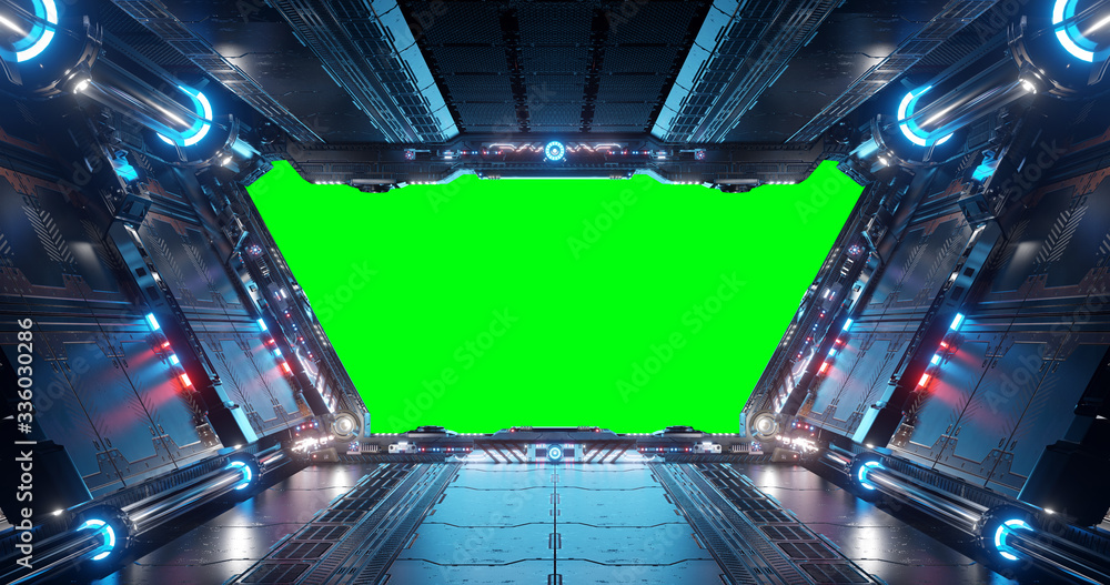 蓝色和红色的未来太空船内部，绿色窗口三维渲染