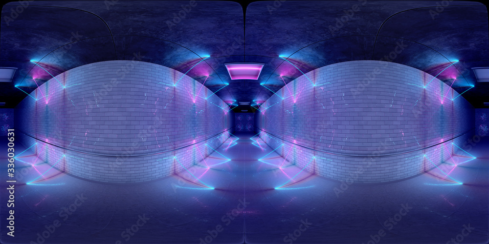 Futuristic HDRI underground interior with glowing blue and pink neon light tubes reflecting on walls