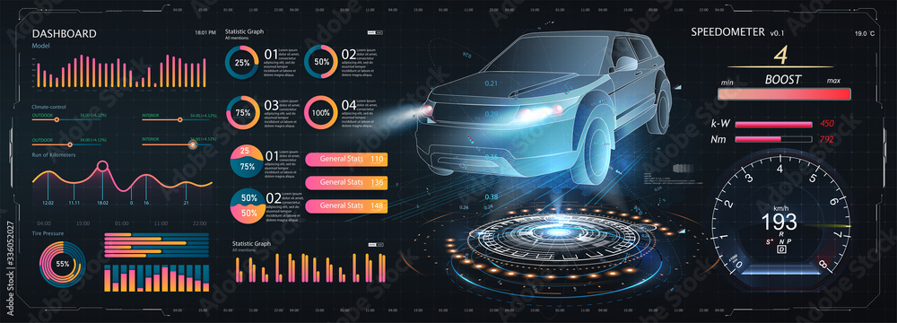 Hologram auto, futuristic polygonal model auto. Smart auto ai hud. Driverless car working modes  vec