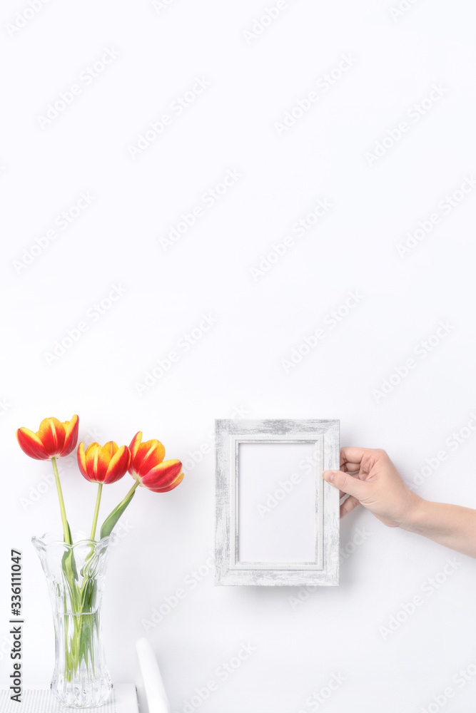 玻璃花瓶里的郁金香花，相框放在白色木桌背景上，背景是干净的w