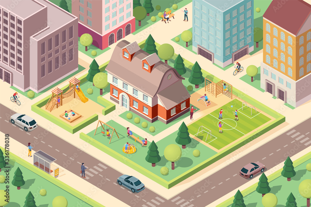 Scenery view on kindergarten with playground. Isometric school at city or town block. Schoolyard wit