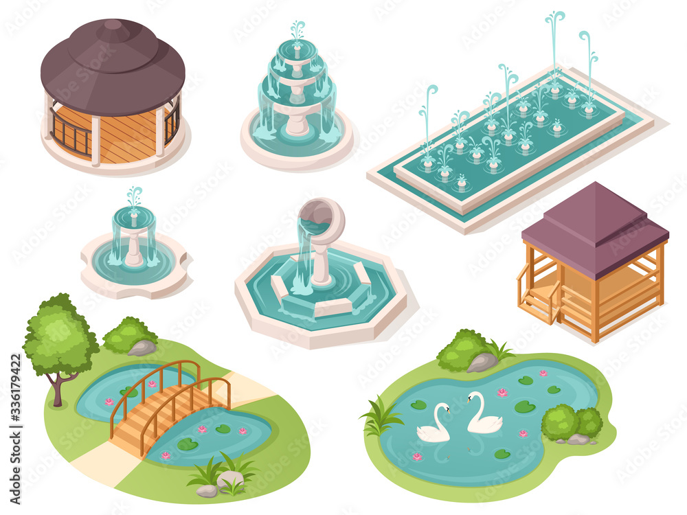 公园喷泉、花园池塘和凉亭，矢量隔离等距构造函数元素。P