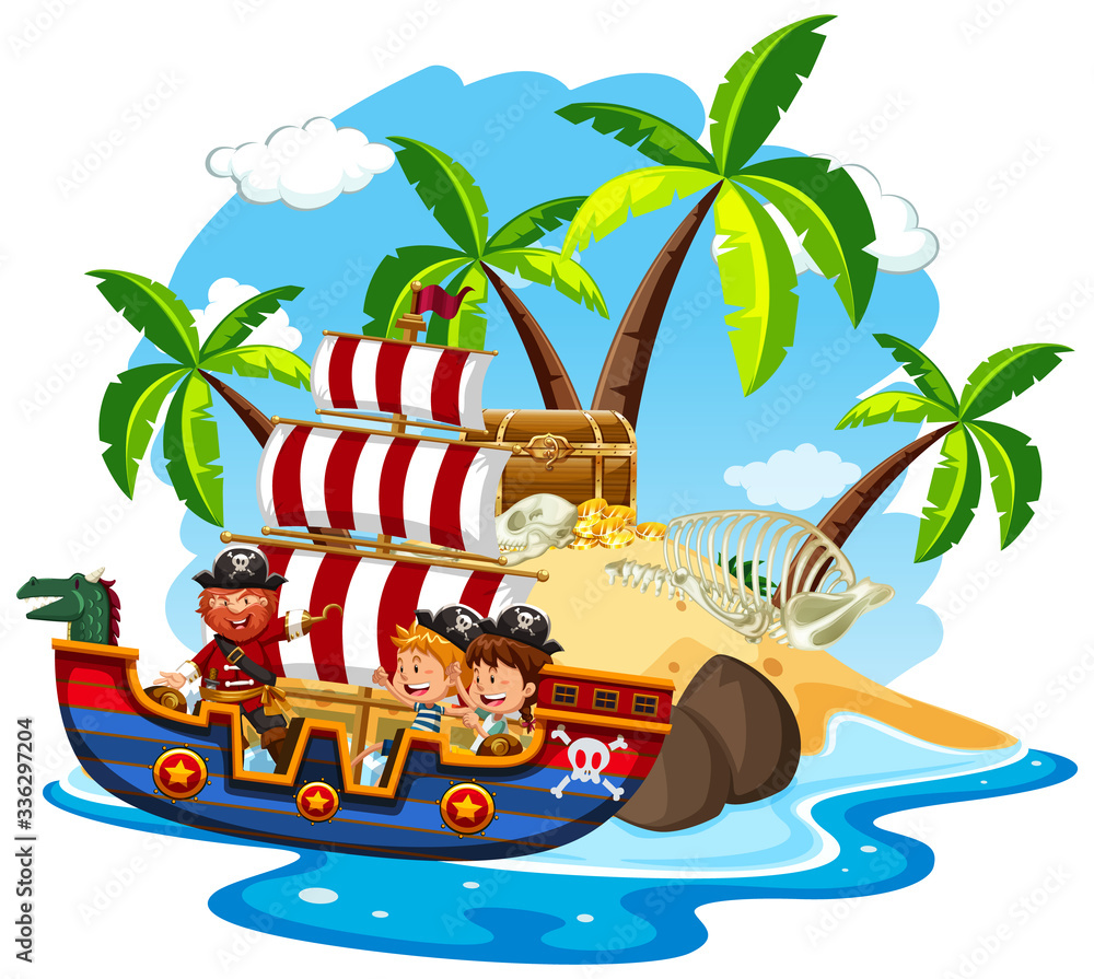 海盗和快乐的孩子在海里航行的场景