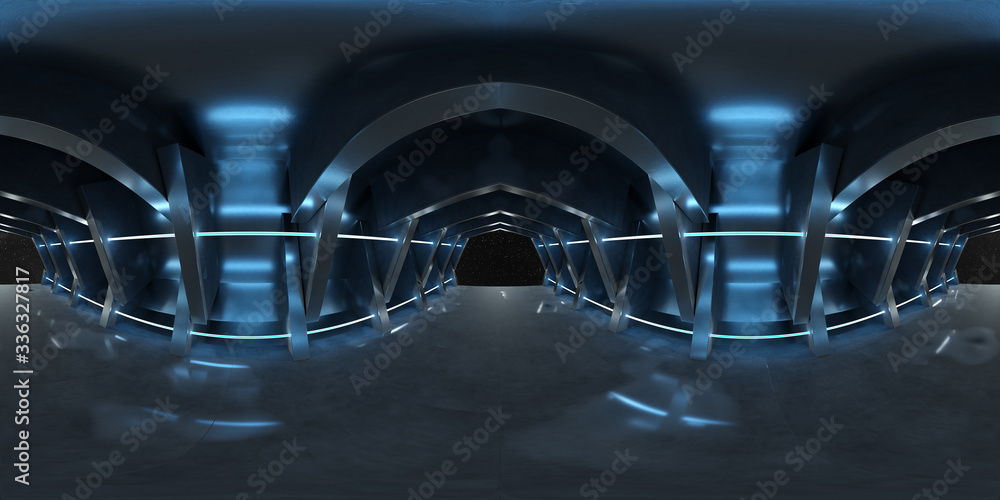 High resolution HDRI of a dark blue futuristic interior looking like a spaceship. 360 panorama refle