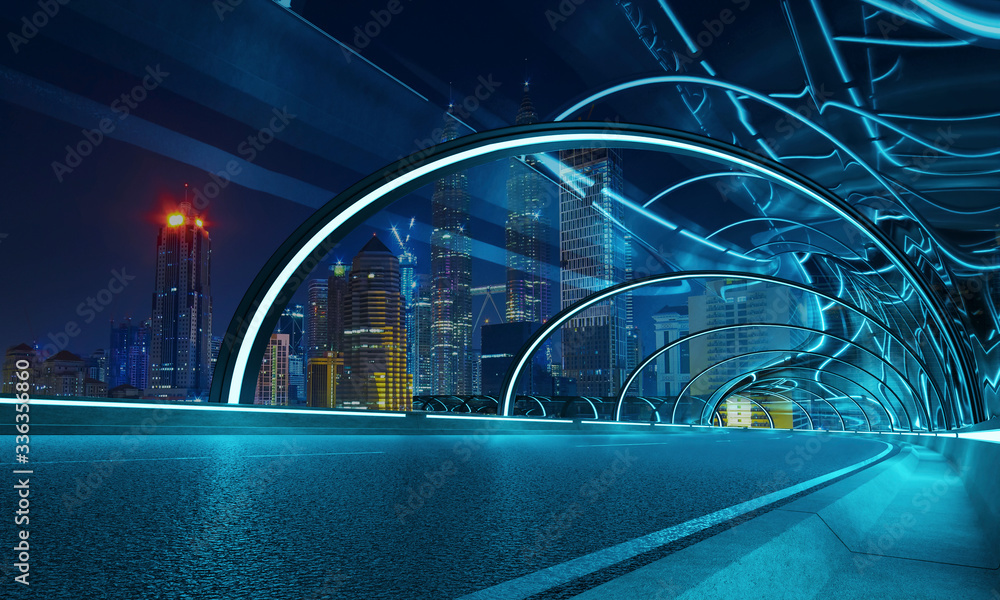Futuristic neon light and glass facade design of tunnel flyover road with night cityscape background
