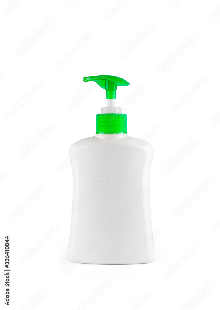 白色塑料瓶，带绿色泵，隔离在白色背景上，用于包装实物模型，文件包含