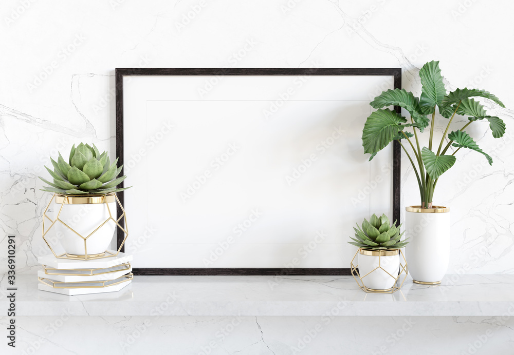 黑色框架靠在白色架子上，明亮的室内有植物和装饰，模拟3D效果图