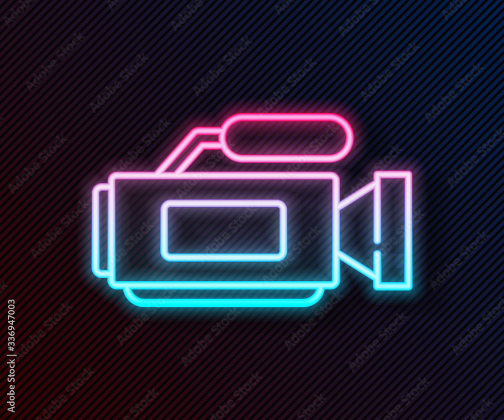 闪耀的霓虹灯线电影摄像机图标隔离在黑色背景上。摄像机。电影标志。电影公关