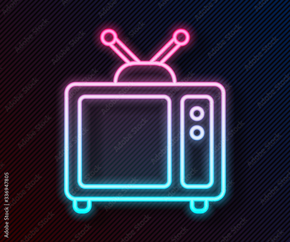 夜光霓虹线复古电视图标隔离在黑色背景上。电视标志。矢量插图