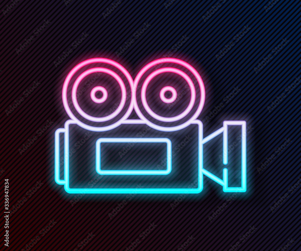 Glowing neon line Cinema camera icon isolated on black background. Video camera. Movie sign. Film pr