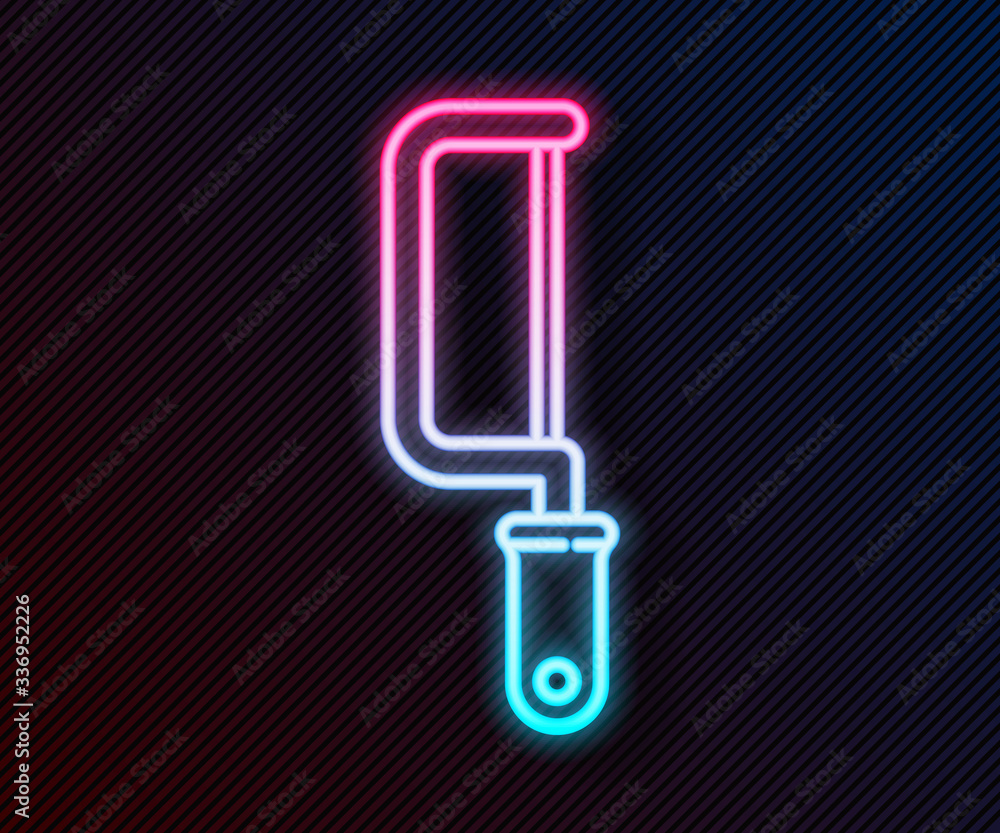 Glowing neon line Hacksaw icon isolated on black background. Metal saw for wood and metal. Vector Il
