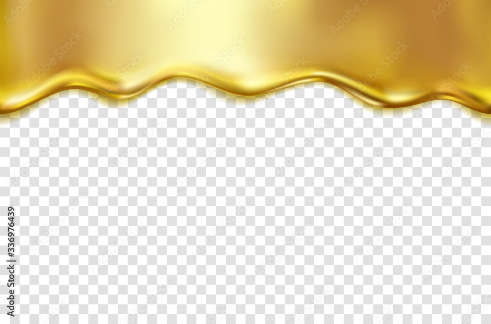 Gold foil drip isolated on transparent background. Golden water, bronze metal melt texture. Vector g