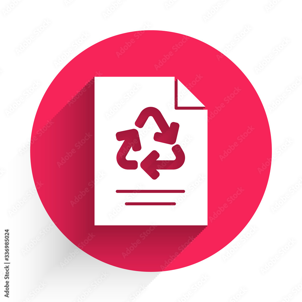White Paper with recycle icon isolated with long shadow. Red circle button. Vector Illustration