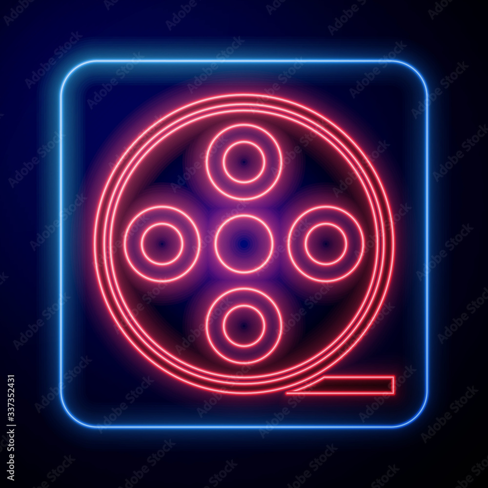 Glowing neon Film reel icon isolated on blue background. Vector Illustration