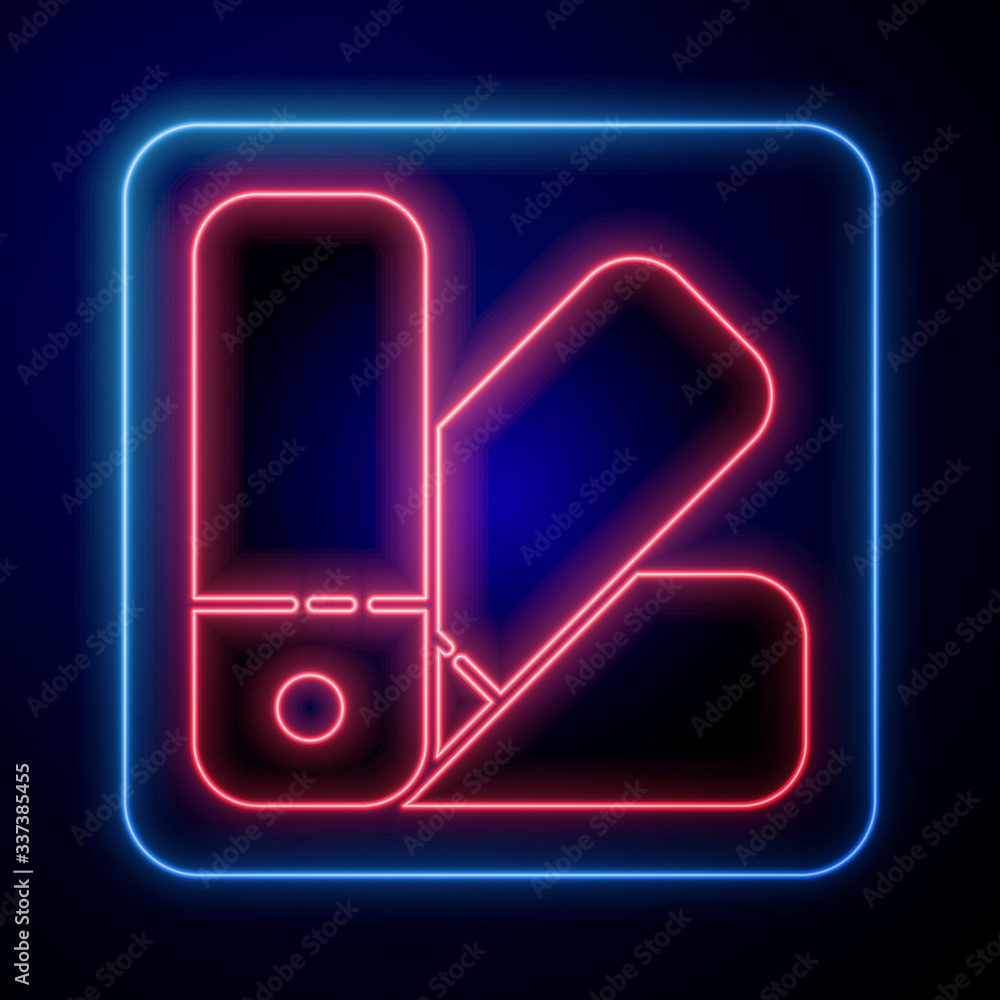 Glowing neon Color palette guide icon isolated on blue background. Vector Illustration