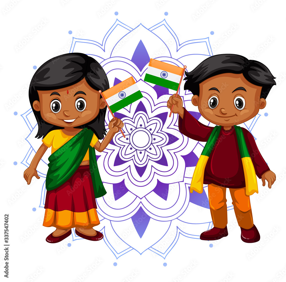 Mandala图案设计与两个快乐的印度孩子