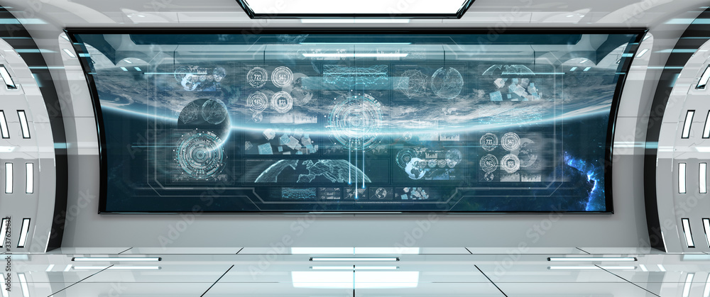 White spaceship interior with control panel digital screens 3D rendering