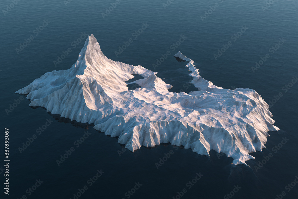 An island of snow mountain on the sea, 3d rendering.