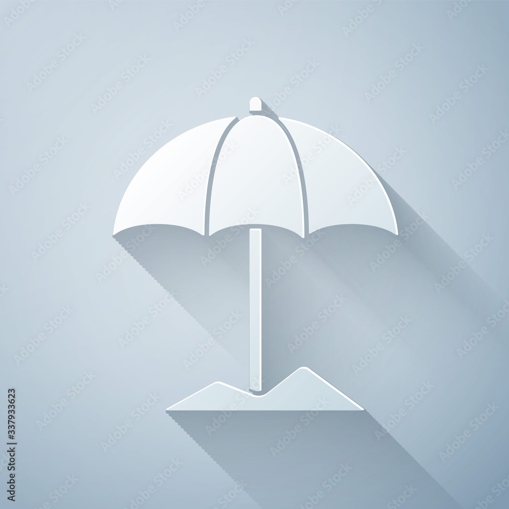 Paper cut Sun protective umbrella for beach icon isolated on grey background. Large parasol for outd