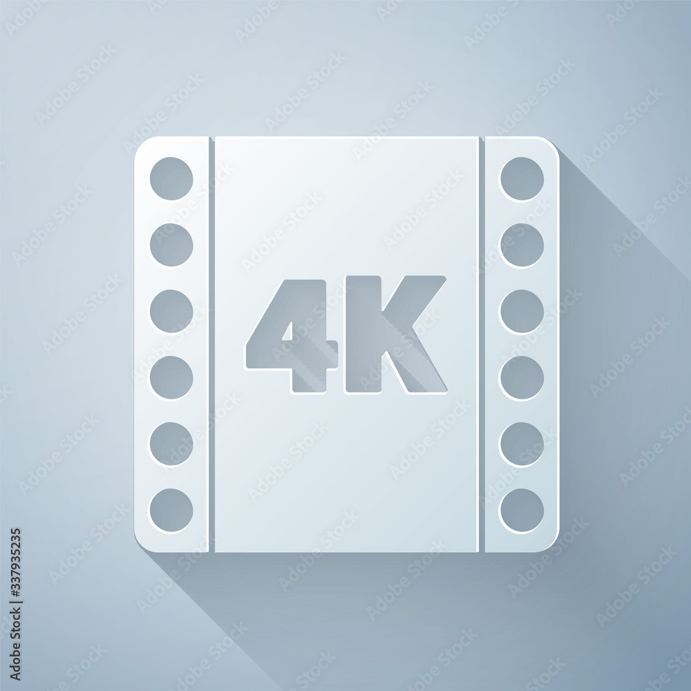Paper cut 4k movie, tape, frame icon isolated on grey background. Paper art style. Vector Illustrati