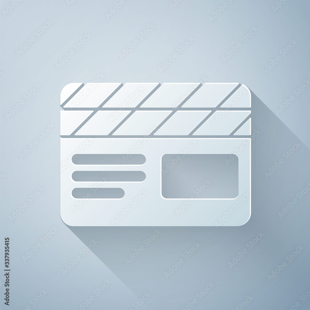 Paper cut Movie clapper icon isolated on grey background. Film clapper board. Clapperboard sign. Cin