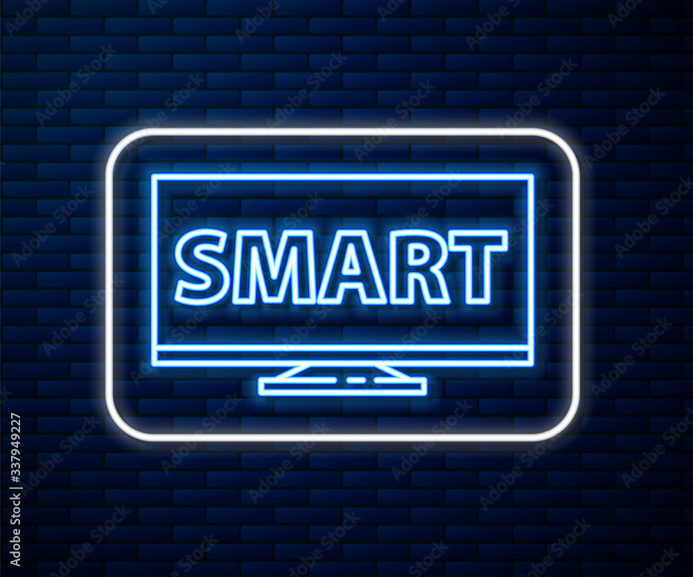 发光的霓虹灯线屏幕电视，带有隔离在砖墙背景上的智能视频技术图标。Vect