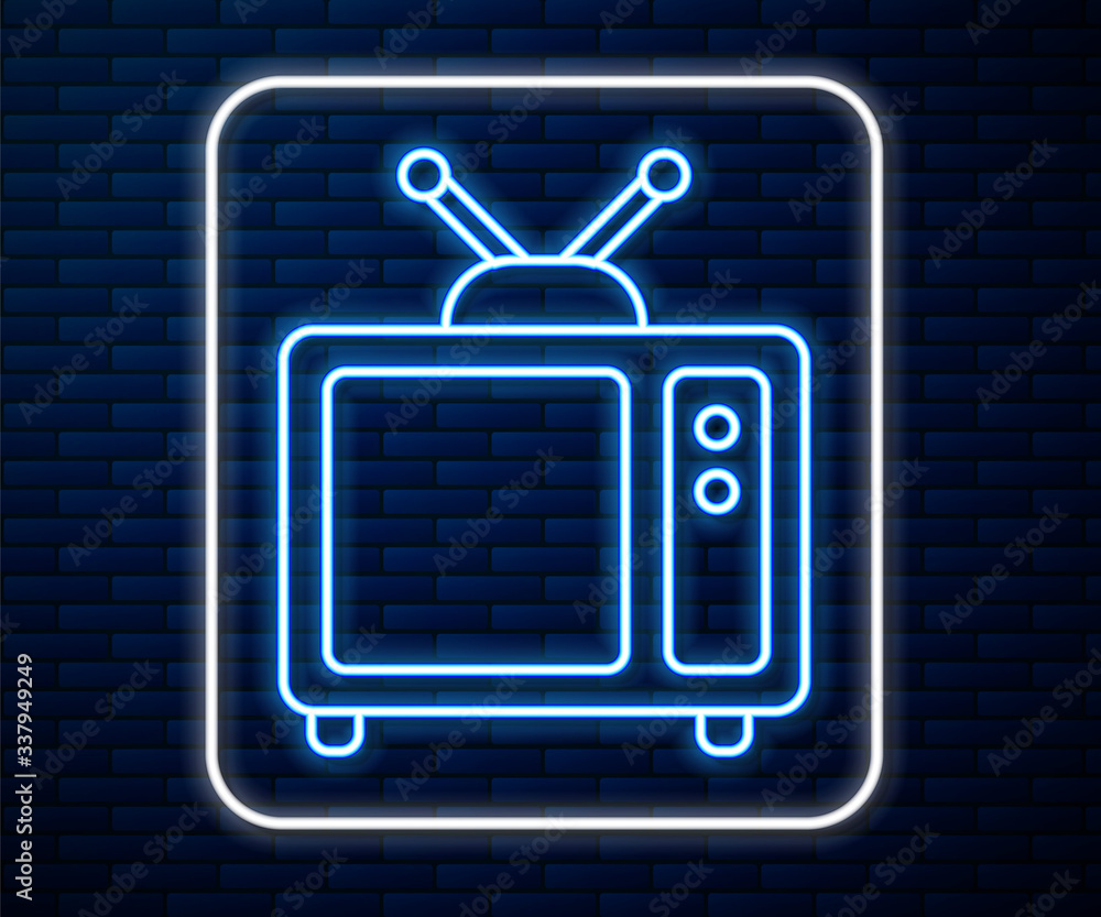 明亮的霓虹灯线条复古电视图标隔离在砖墙背景上。电视标志。矢量插图