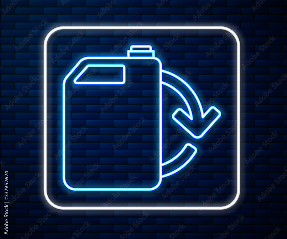 Glowing neon line Eco fuel canister icon isolated on brick wall background. Eco bio and barrel. Gree
