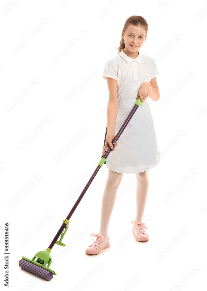 Cute little chambermaid with mop on white background